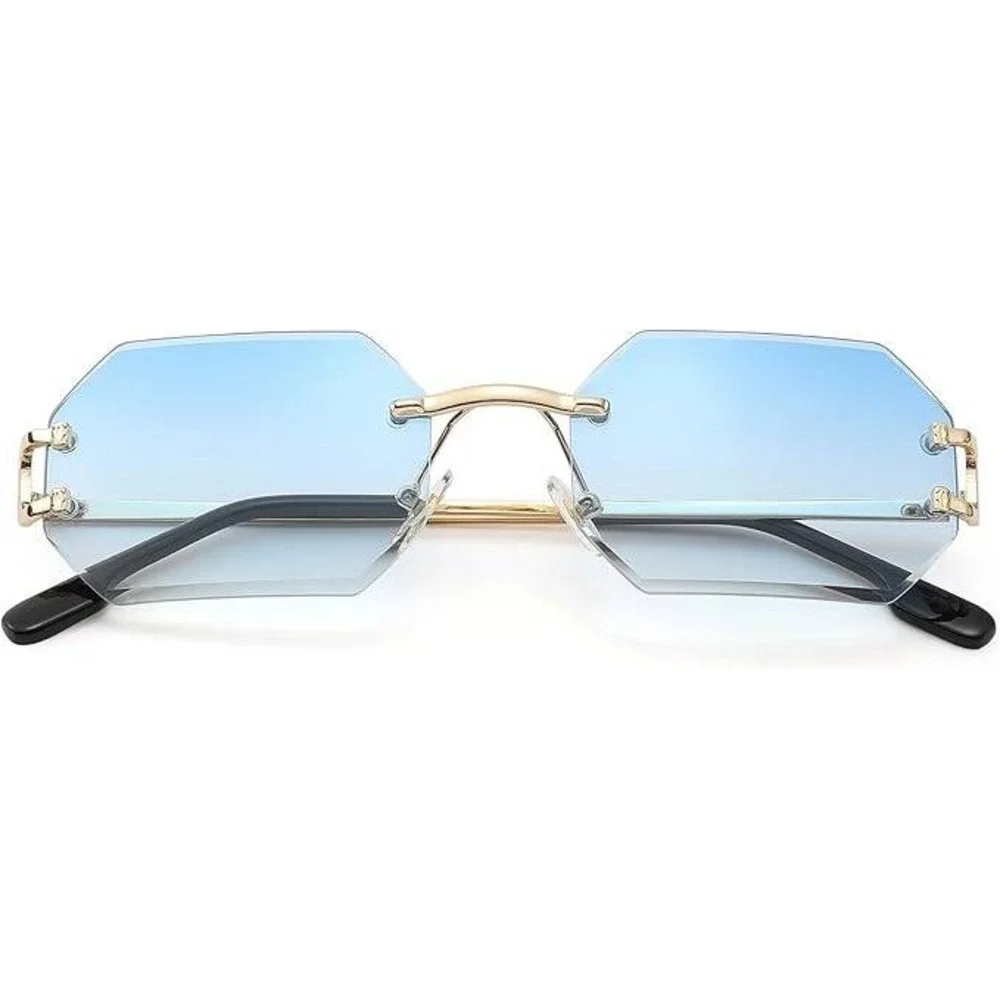 Rimless Sunglasses Men Octagon Blue Lens Gold Accents Fashion‎ Shades Lentes New